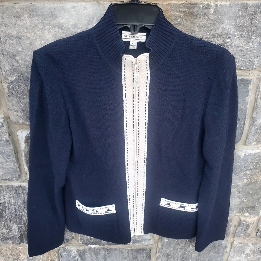 St. John Sport Women's Classic Wool Blend Navy Cardigan Petite